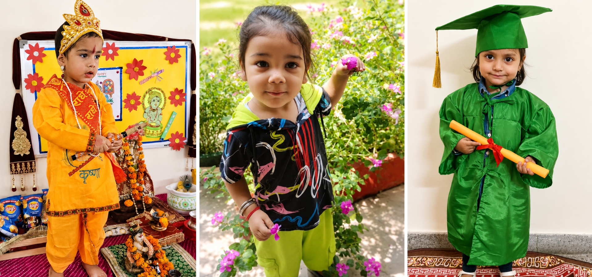 Children dressed as Krishna, exploring the garden and in graduation gown