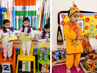 Children on the 1-2-3 podium with merit certificates and a child dressed as Krishna
