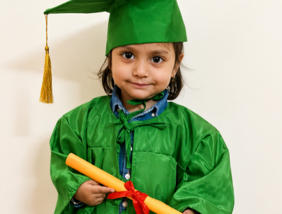 Child in a green graduation gown and cap holding a certificate scroll
