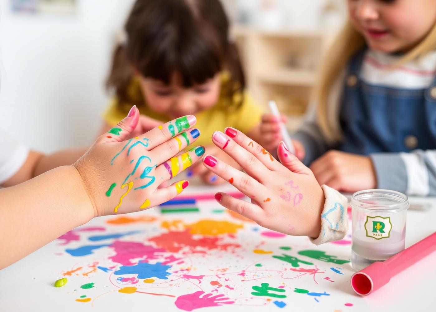 Children with painted hands doing art and craft