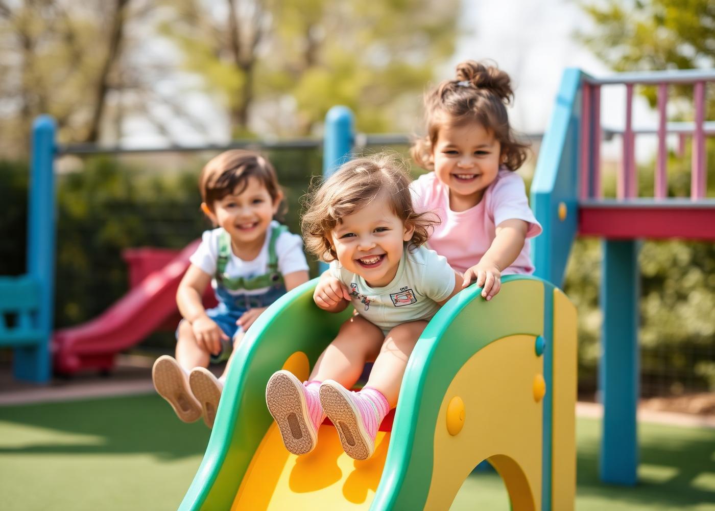 Children playing outdoors on a slide